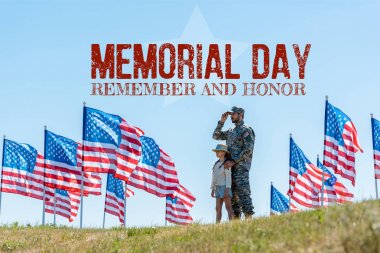 selective focus of father in military uniform standing with cute kid near american flags with memorial day, remember and honor illustration clipart