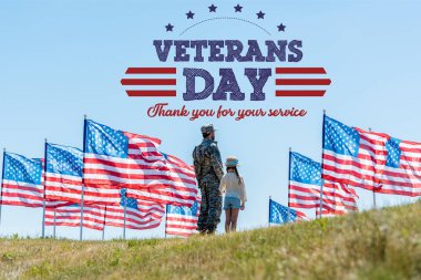 man in military uniform standing with daughter near american flags with veterans day, thank you for your service illustration clipart