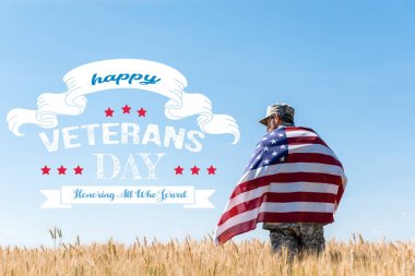 soldier in cap and military uniform holding american flag in golden field with happy veterans day, honoring all who served illustration clipart