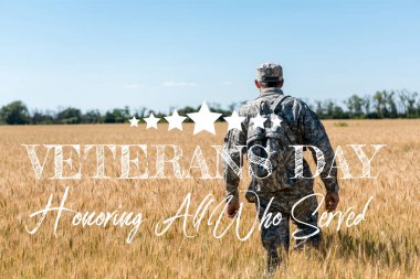 soldier in military uniform with backpack walking in field with golden wheat with veterans day, honoring all who served illustration clipart