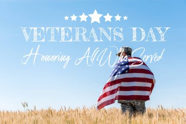 soldier in cap and military uniform holding american flag in golden field with veterans day, honoring all who served illustration clipart