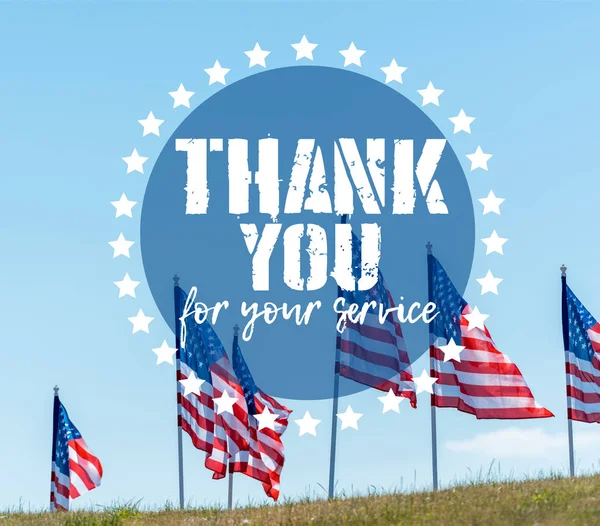 National American Flags Green Grass Blue Sky Thank You Your — Stock Photo, Image