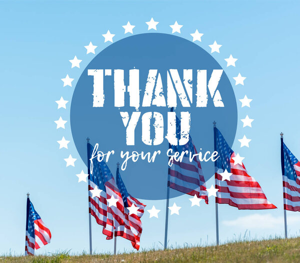 national american flags on green grass against blue sky with thank you for your service illustration