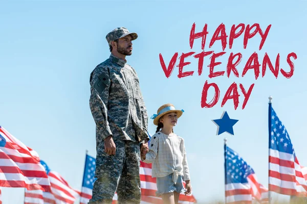 Cute Kid Holding Hands Military Father American Flags Happy Veterans — Stock Photo, Image