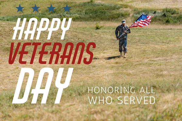 Handsome Soldier Uniform Walking Holding American Flag Summertime Happy Veterans — Stock Photo, Image