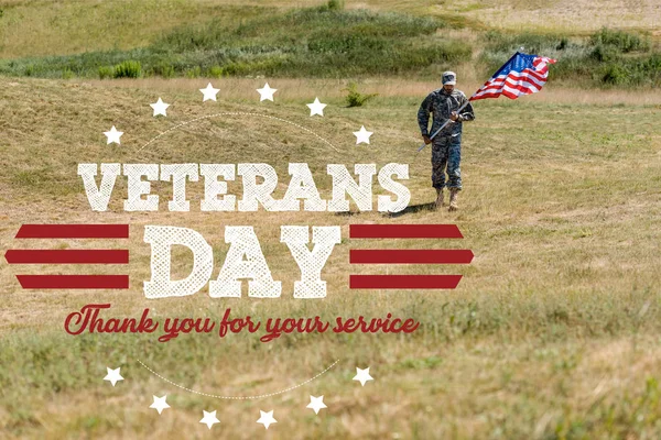 Handsome Soldier Uniform Walking Holding American Flag Summertime Veterans Day — Stock Photo, Image