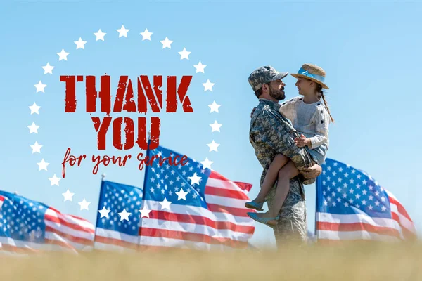 Selective Focus Man Military Uniform Holding Arms Cheerful Kid American — Stock Photo, Image