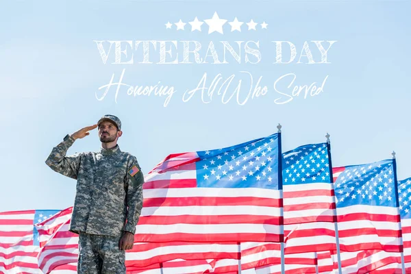 Patriotic Soldier Military Uniform Giving Salute American Flags Stars Stripes — Stock Photo, Image