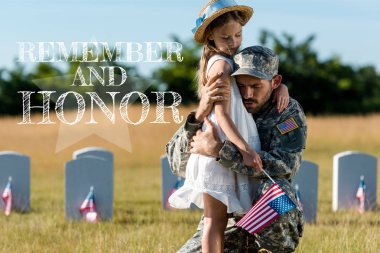 military father in uniform hugging child near headstones in graveyard with remember and honor illustration clipart