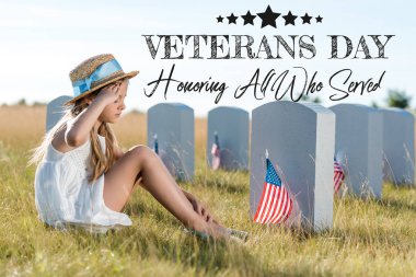 kid in straw hat giving salute while sitting near headstones with american flags with veterans day, honoring all who served illustration clipart