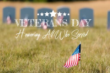 selective focus of american flag with stars and stripes near gravestones with veterans day, honoring all who served illustration clipart