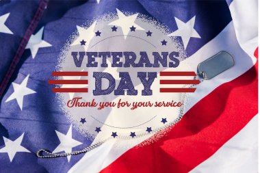 metallic badge on chain near american flag with stars and stripes with veterans day, honoring all who served illustration clipart