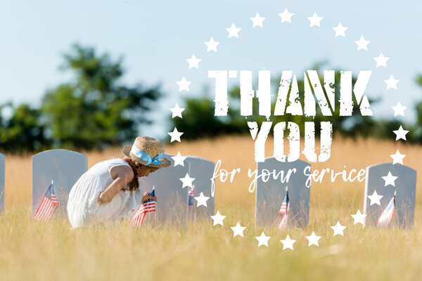 cute kid sitting near headstone with american flag in graveyard with thank you for your service illustration