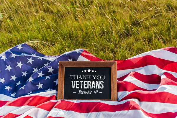 空白黑板与感谢老兵插图美国国旗与星星和条纹在绿草 — 图库照片