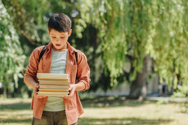 Cute Surprised Schoolboy Holding Books While Standing Sunny Park — Stock Photo, Image
