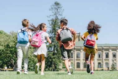 parkta çim üzerinde çalışan sırt çantaları ile dört çok ırklı okul geri görünümü