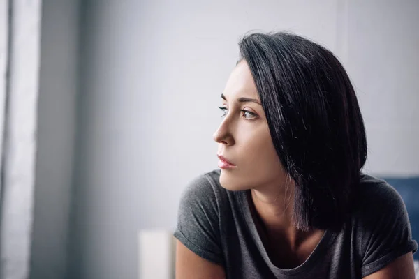 Beautiful Depressed Woman Looking Away Home Copy Space — Stock Photo, Image