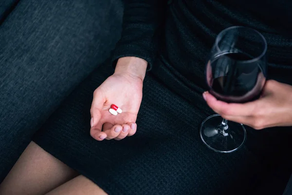 Partial View Woman Wine Glass Pills Home — Stock Photo, Image