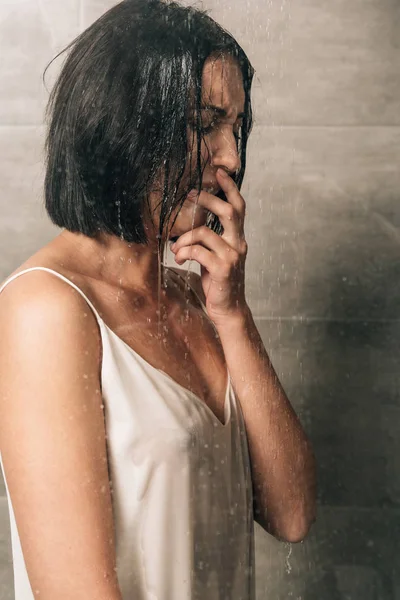 Lonely Depressed Woman Covering Mouth Crying Shower Home — Stock Photo, Image