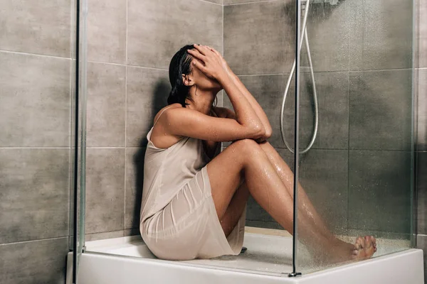 Lonely Worried Woman Covering Face While Sitting Shower Home — Stock Photo, Image