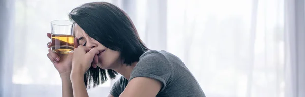 Panoramic Shot Depressed Woman Whiskey Glass Home — Stock Photo, Image