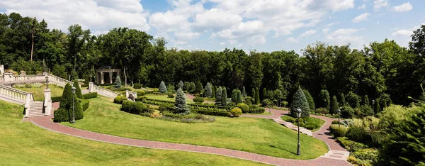 panoramic shot of walkway near green grass and trees in park 
