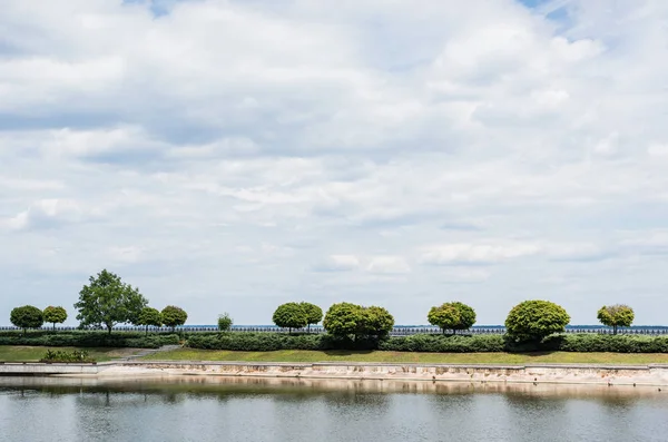 Hojas Verdes Los Árboles Cerca Del Lago Contra Cielo Con — Foto de Stock