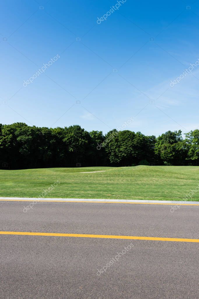 Selective focus of yellow line on road near green park in summertime