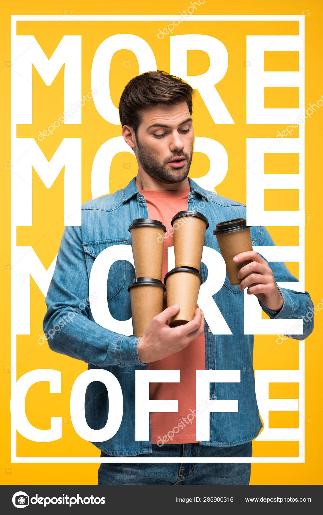 Handsome Man Holding Paper Cups Coffee Isolated Yellow More Coffee ...