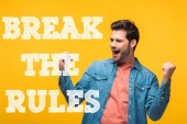 happy handsome man showing yes gesture isolated on yellow with break the rules illustration