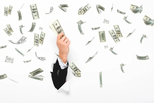 Cropped View Man Holding Money Hole White Paper Wall White — Stock Photo, Image