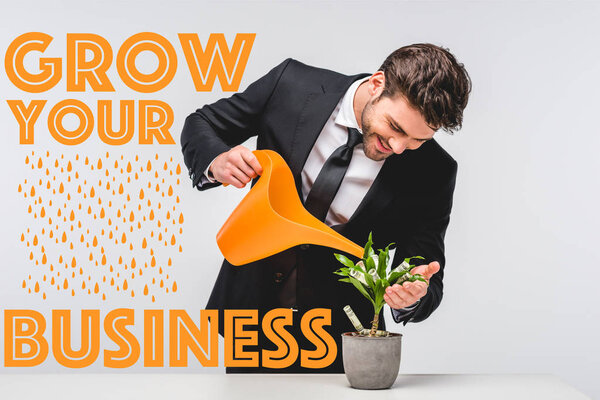 businessman in suit watering money tree isolated on grey with grow your business illustration