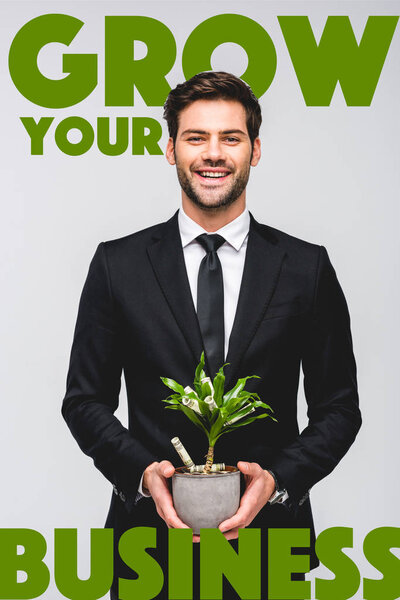 smiling handsome businessman in suit holding flowerpot with money tree isolated on grey with grow your business illustration