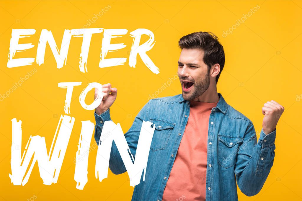 happy handsome man showing yes gesture isolated on yellow with enter to win illustration