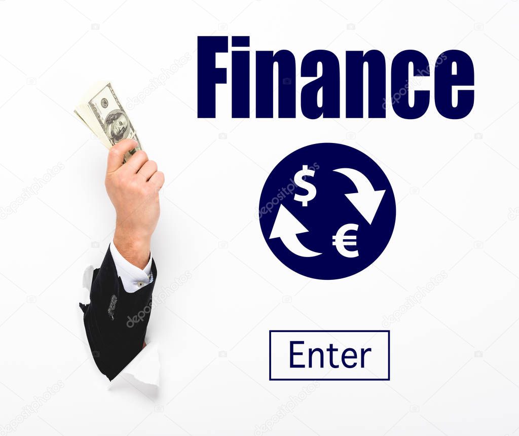 Cropped view of man holding money through hole in white paper wall on white with online currency exchange illustration