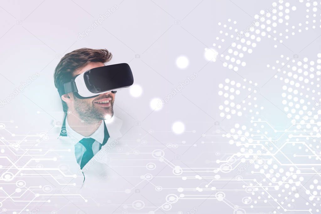 smiling adult man in Virtual reality headset in hole in wall with glowing cyberspace illustration