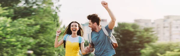 Panoramic Shot Handsome Man Asian Woman Running Showing Yes Gesture — Stock Photo, Image