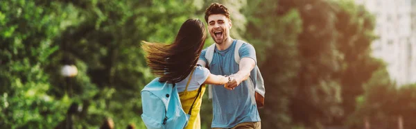 Panoramic Shot Handsome Man Woman Smiling Holding Hands — Stock Photo, Image