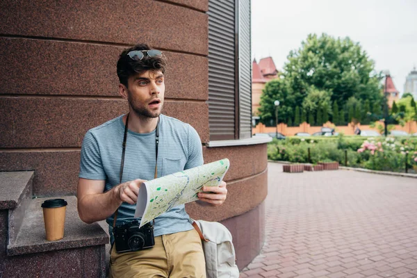 Thoughtful Handsome Man Glasses Holding Map Looking Away — Stock Photo, Image