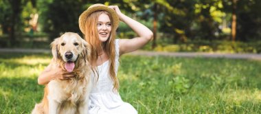 beyaz elbiseli güzel genç kızın panoramik görüntüsü saman şapkaya dokunurken altın av köpeğine sarılırken gülümseyerek, çayırda otururken ve uzağa bakarken