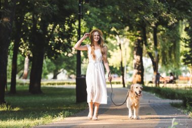 beyaz elbise ve hasır şapka ile güzel kız tam uzunlukta görünümü yolda altın retriever ile yürüyüş ve uzağa bakıyor