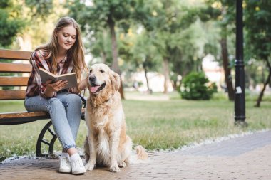 ahşap bankta otururken rahat giysiler kitap okuma ve altın retriever petting güzel kız tam uzunlukta görünümü