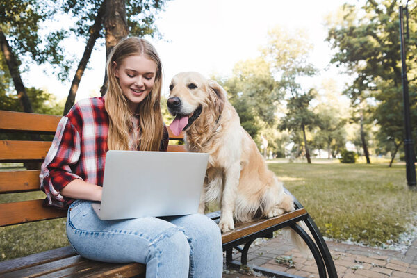 beautiful girl in casual clothes sitting on wooden bench in park and using laptop while golden retriever sitting near woman 