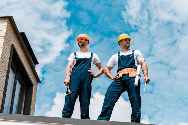 Low Angle View Handsome Handymen Standing Hands Hips — Stock Photo, Image