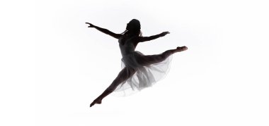 panoramic shot of young graceful ballerina jumping while dancing isolated on white clipart