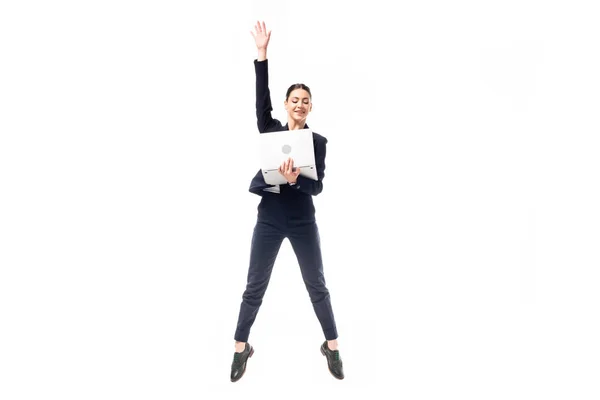 Attractive Businesswoman Jumping While Holding Laptop Isolated White — Stock Photo, Image