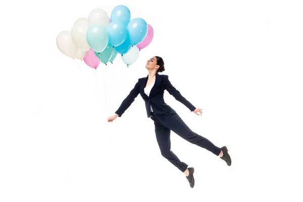 Resmi Giyim Mutlu Kadını Beyaz Izole Şenlikli Balonlar Ile Levitating — Stok fotoğraf
