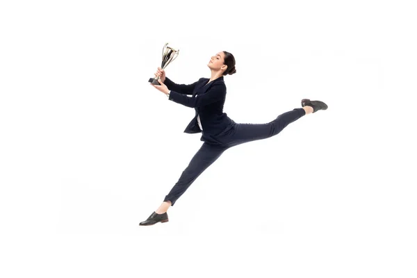 Счастливая Деловая Женщина Кубком Трофея Время Прыжка Танец Изолированы Белом — стоковое фото