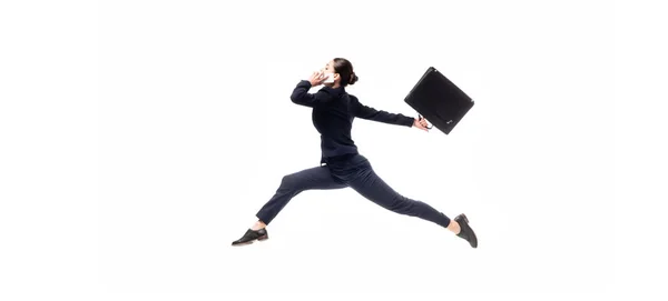 Panoramic Shot Young Businesswoman Briefcase Levitating While Talking Smartphone Isolated — Stock Photo, Image