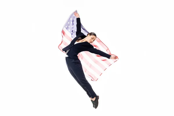 Улыбающаяся Деловая Женщина Танцует Сша Национальный Флаг Изолирован Белом — стоковое фото